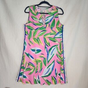 Ivy Lane Pink Dress W Green, Blue Tropical Leaf Pattern Size Petite L